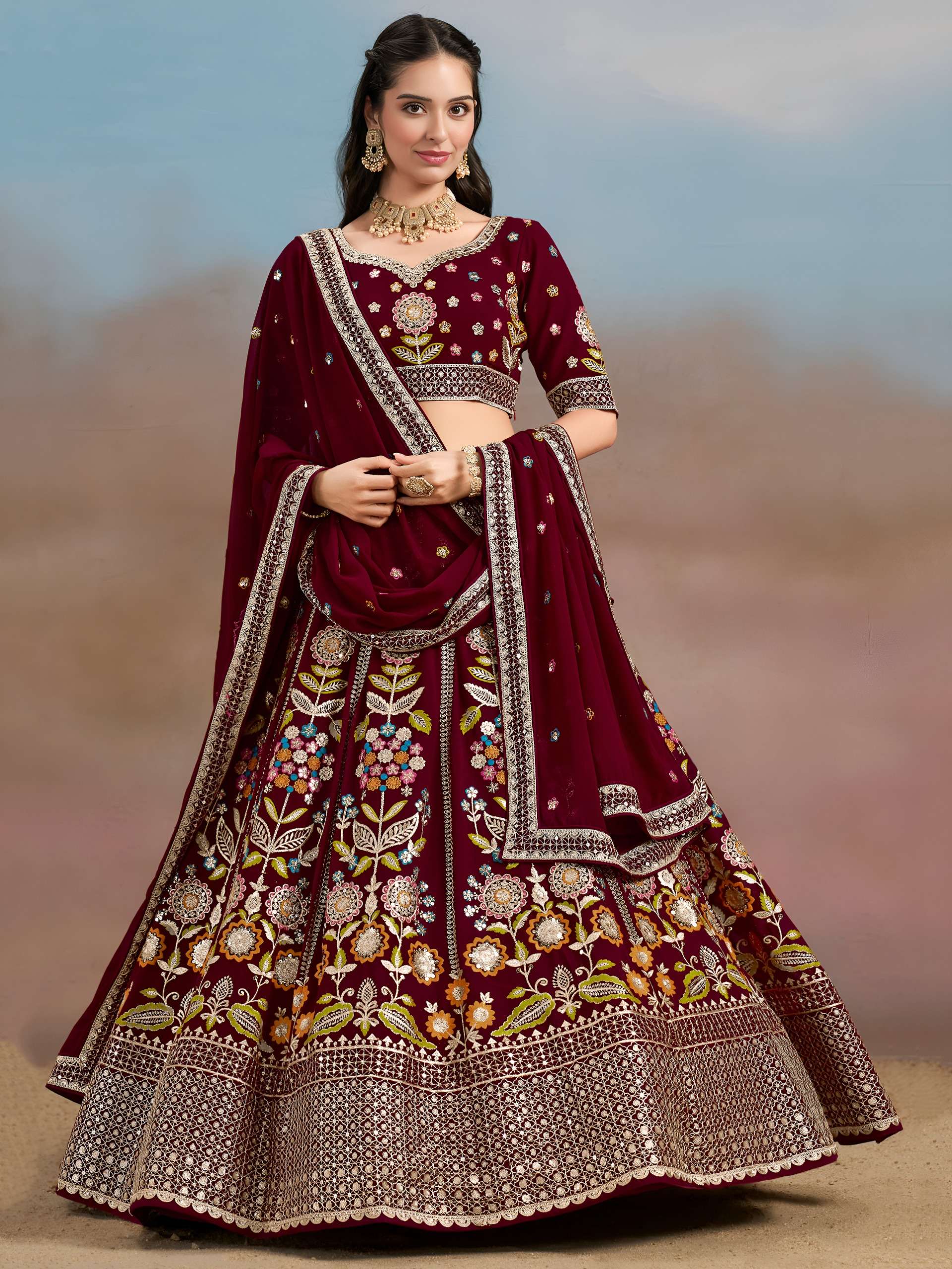 Regal Maroon Multicolor with Floral and Georgette fabric with Embroidered Lehenga Choli 6008 Maroon 